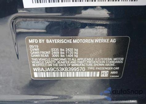 2019 BMW 530E Iperformance from USA, damaged, VIN WBAJA9C53KB399570